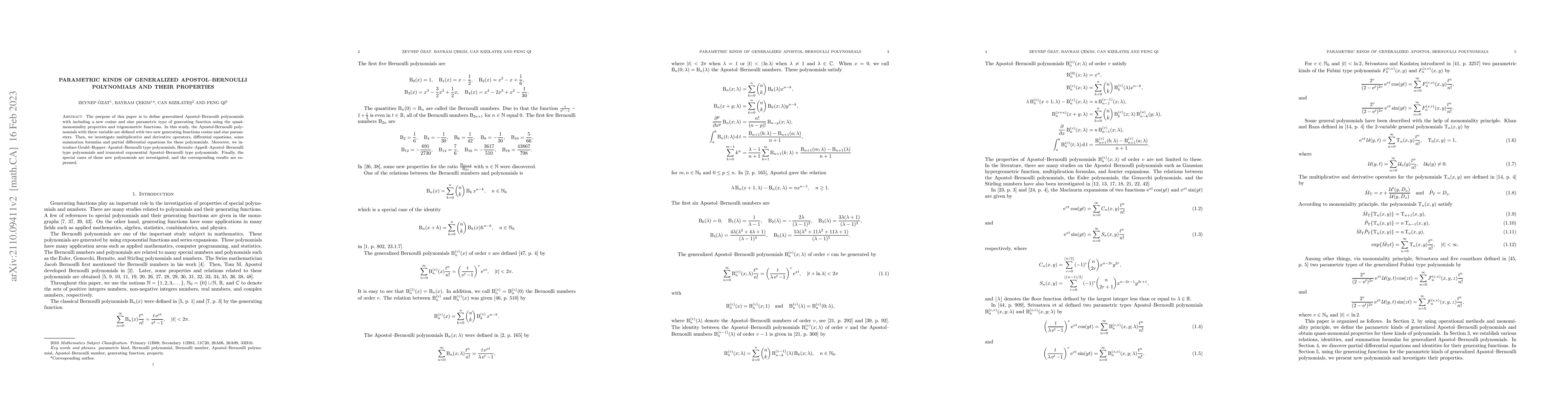 Thumbnail for Parametric kinds of generalized Apostol-Bernoulli polynomials and their
  properties