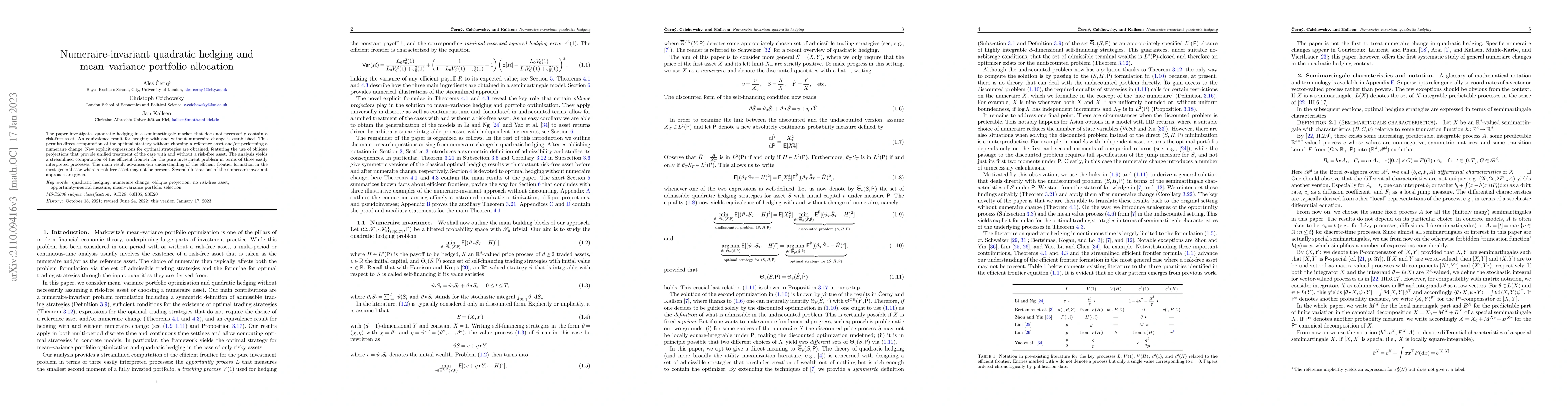 Thumbnail for Numeraire-invariant quadratic hedging and mean--variance portfolio
  allocation