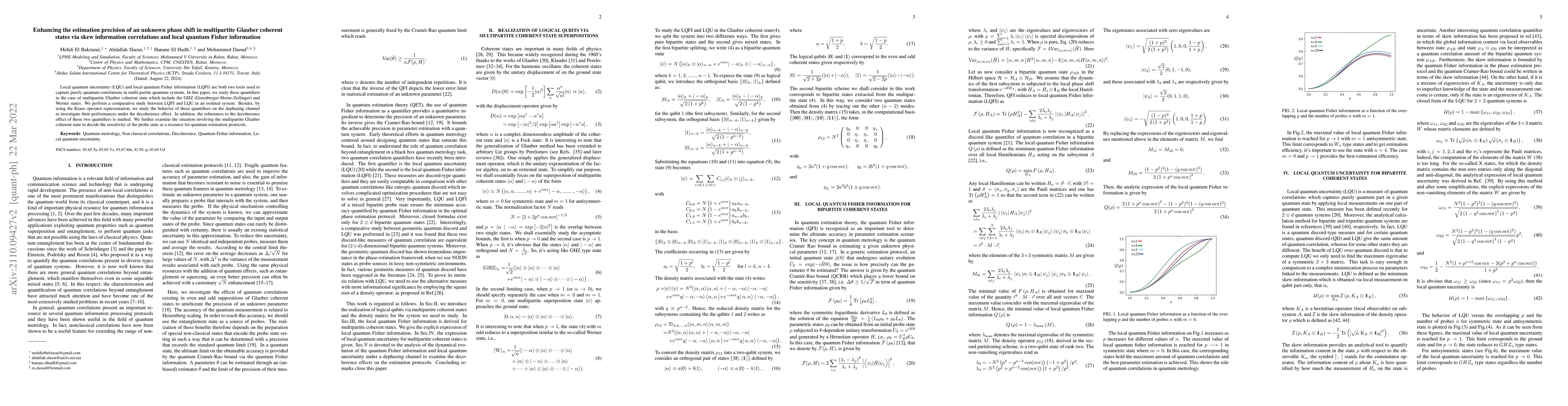 Thumbnail for Enhancing the estimation precision of an unknown phase shift in
  multipartite Glauber coherent states via skew information correlations and
  local quantum Fisher information