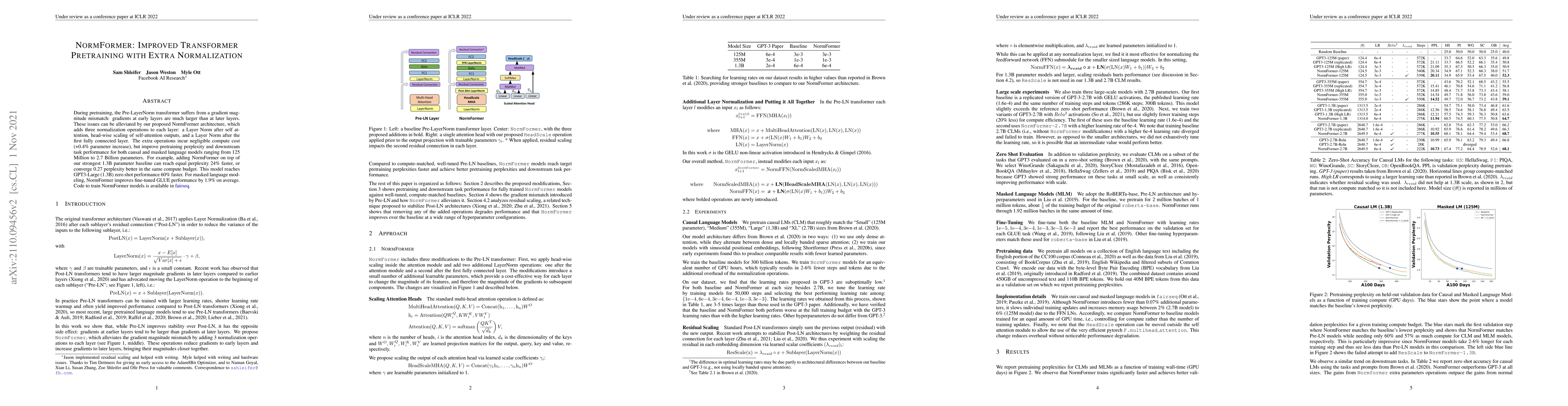 Thumbnail for NormFormer: Improved Transformer Pretraining with Extra Normalization