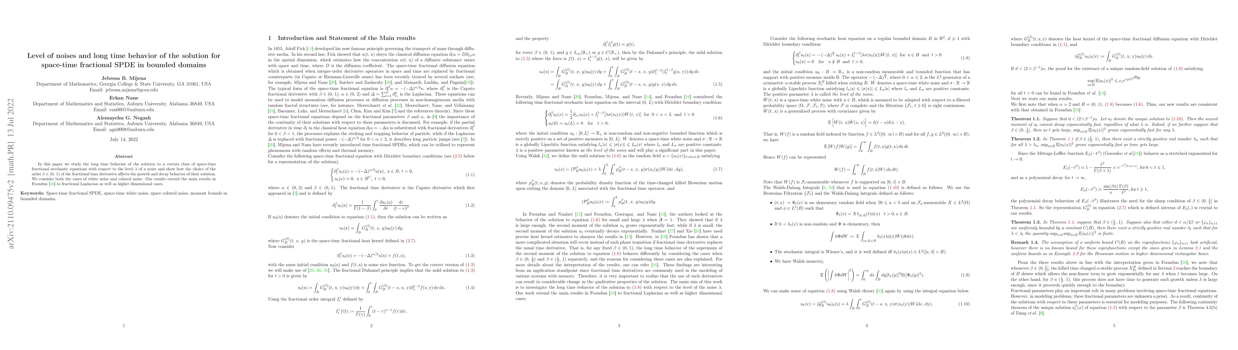 Thumbnail for Level of noises and long time behavior of the solution for space-time
  fractional SPDE in bounded domains
