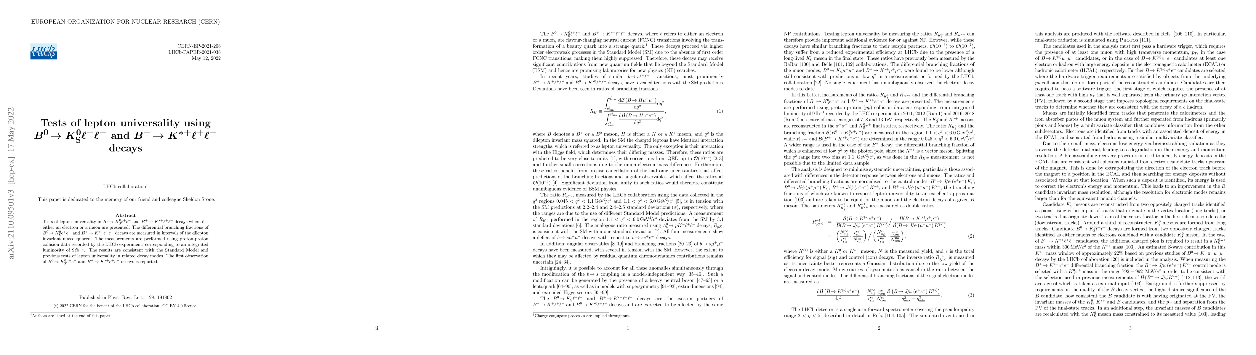Thumbnail for Tests of lepton universality using $B^0\to K^0_S \ell^+ \ell^-$ and
  $B^+\to K^{*+} \ell^+ \ell^-$ decays