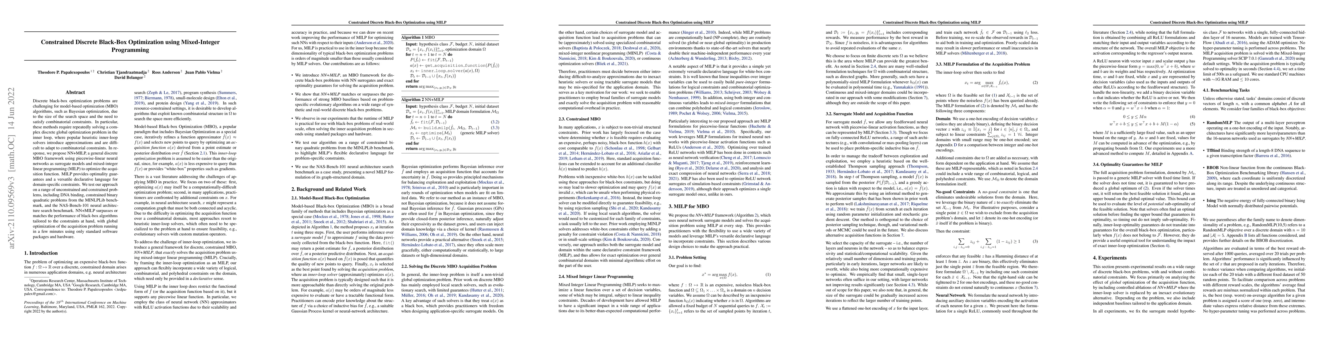 Thumbnail for Constrained Discrete Black-Box Optimization using Mixed-Integer
  Programming
