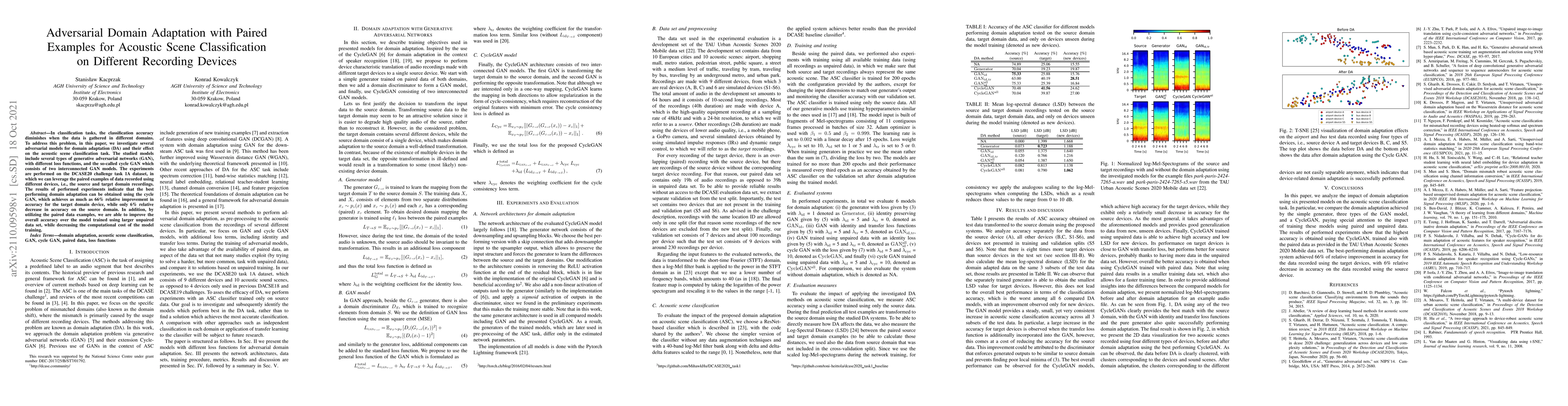 Thumbnail for Adversarial Domain Adaptation with Paired Examples for Acoustic Scene
  Classification on Different Recording Devices