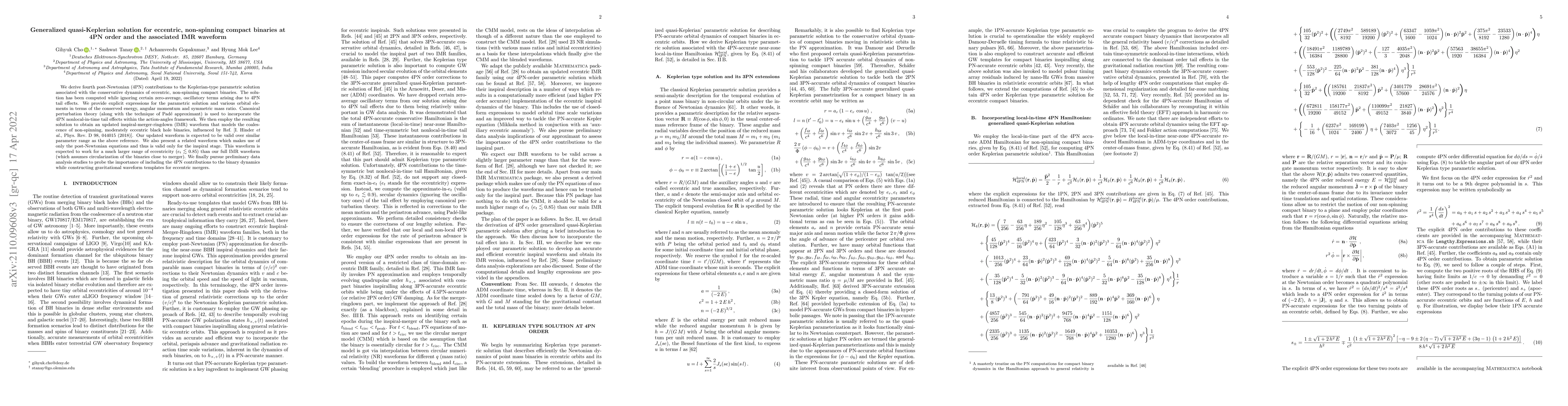 Thumbnail for Generalized quasi-Keplerian solution for eccentric, non-spinning compact
  binaries at 4PN order and the associated IMR waveform
