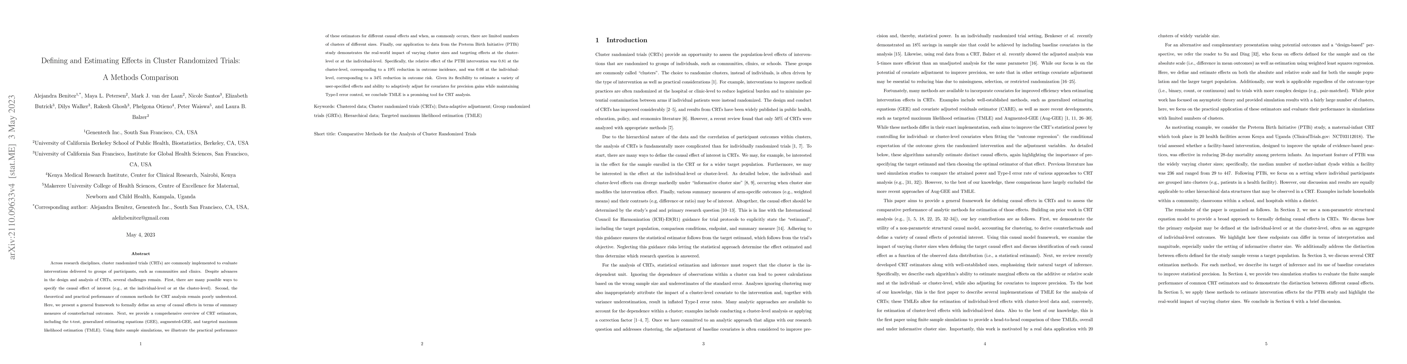 Thumbnail for Defining and Estimating Effects in Cluster Randomized Trials: A Methods
  Comparison
