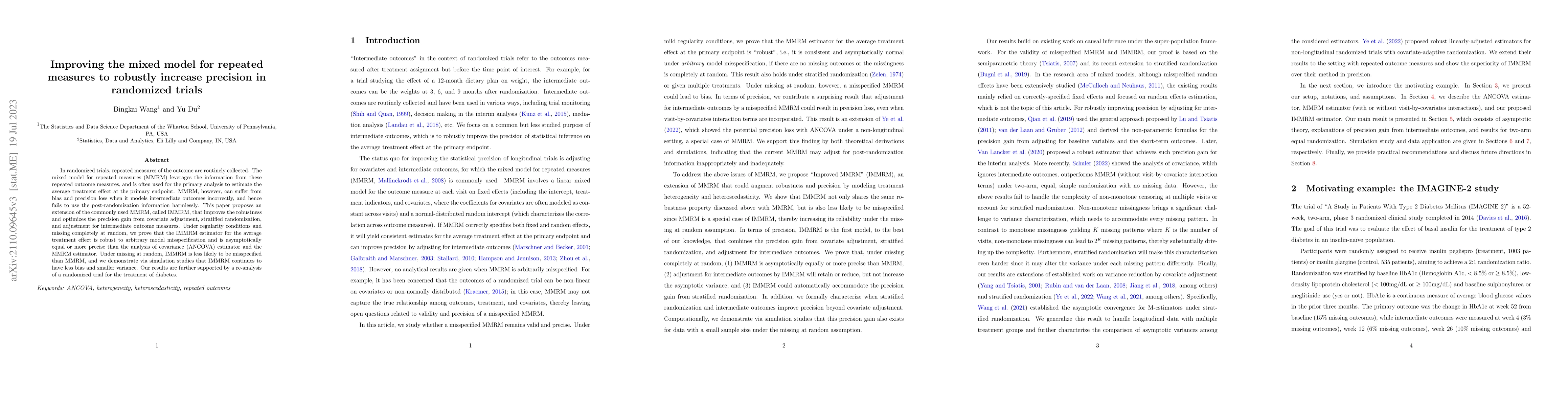 Thumbnail for Improving the mixed model for repeated measures to robustly increase
  precision in randomized trials