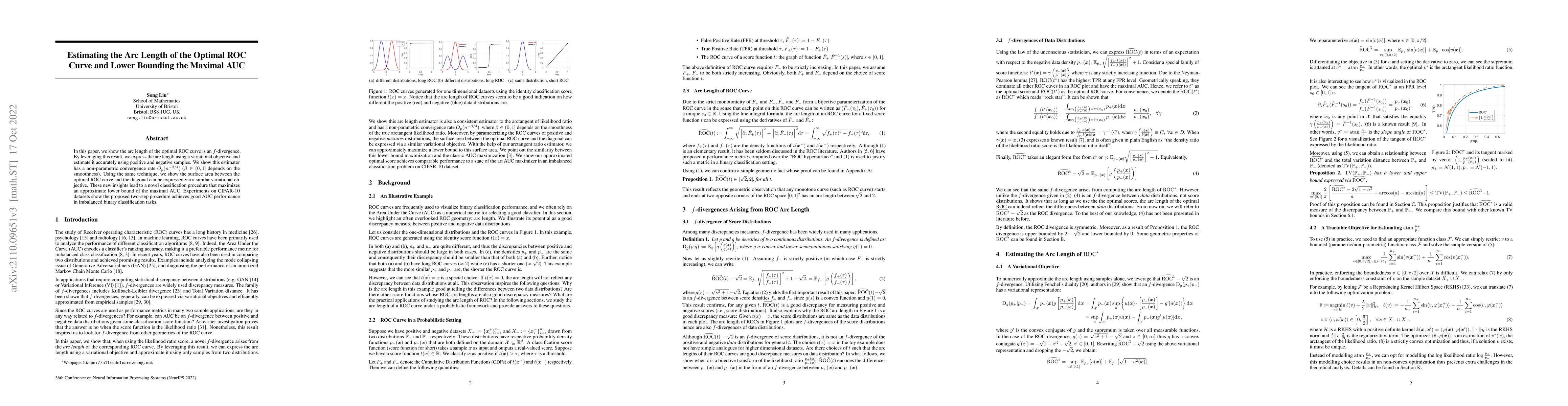 Thumbnail for Estimating the Arc Length of the Optimal ROC Curve and Lower Bounding
  the Maximal AUC