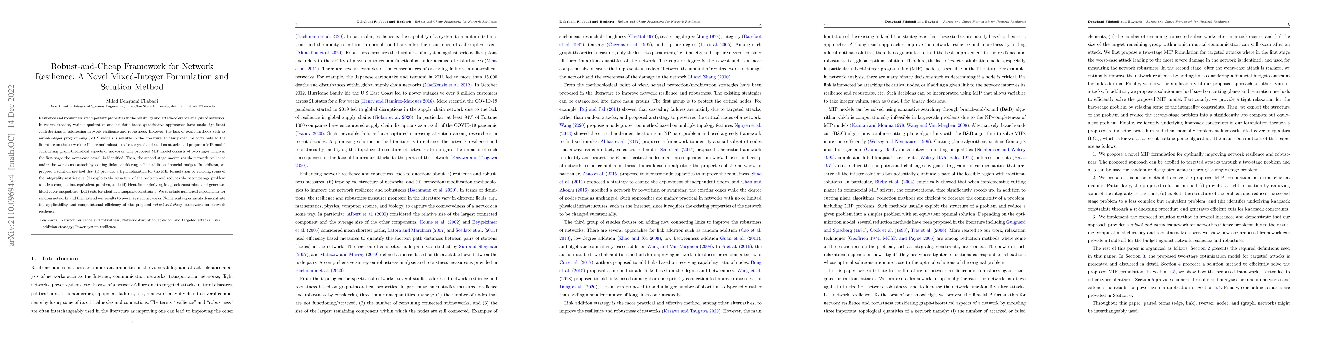 Thumbnail for Robust-and-Cheap Framework for Network Resilience: A Novel Mixed-Integer
  Formulation and Solution Method