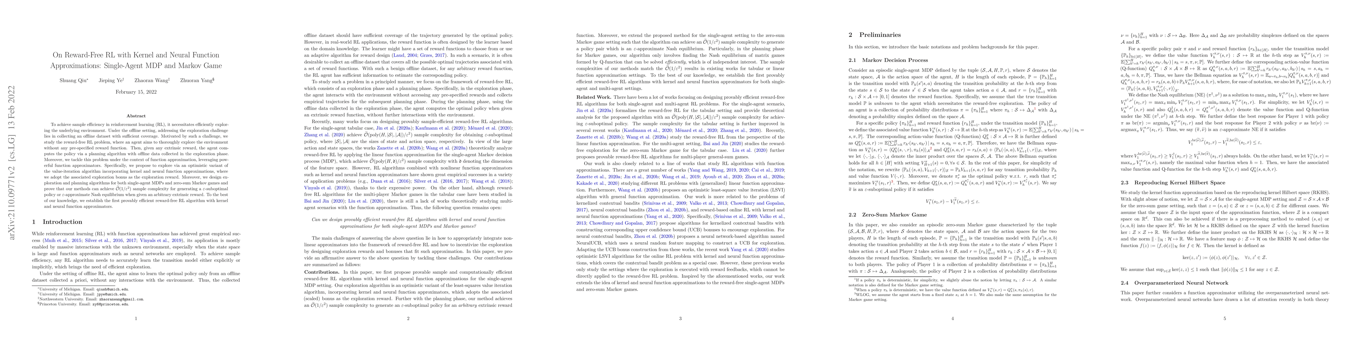 Thumbnail for On Reward-Free RL with Kernel and Neural Function Approximations:
  Single-Agent MDP and Markov Game