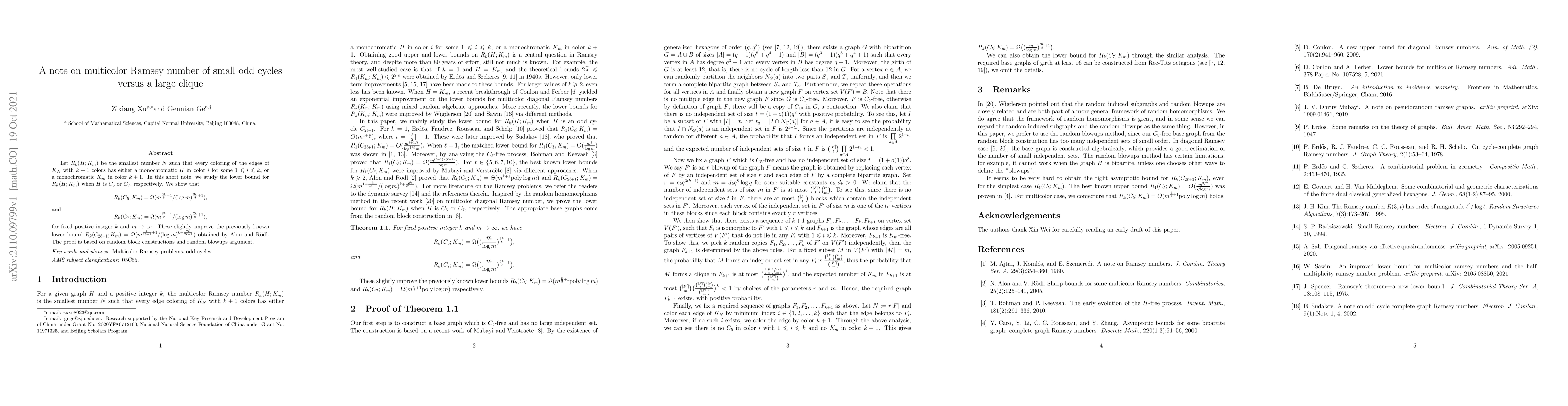 Thumbnail for A note on multicolor Ramsey number of small odd cycles versus a large
  clique