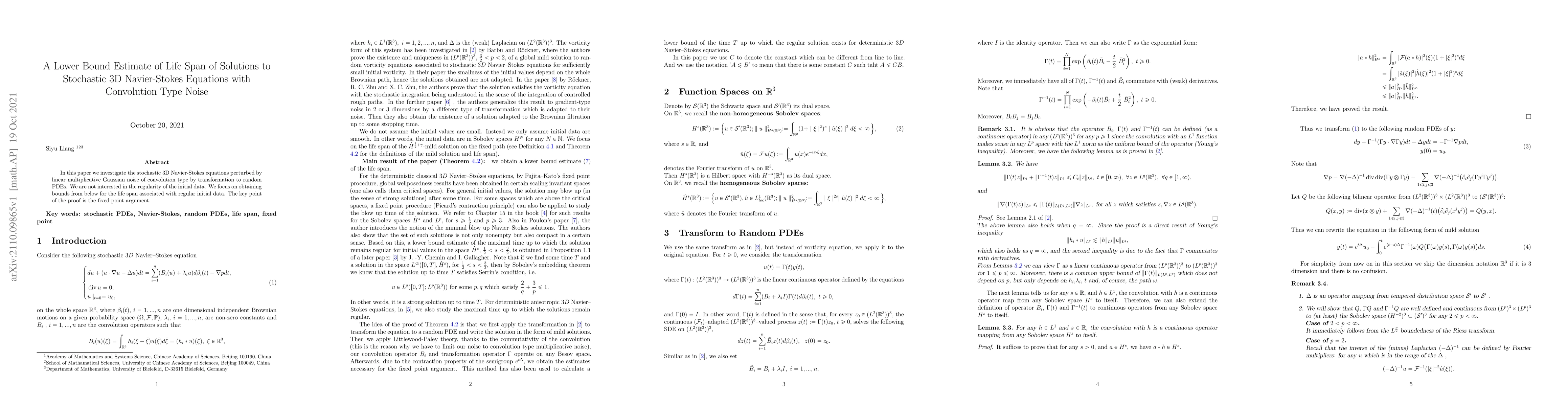 Thumbnail for A Lower Bound Estimate of Life Span of Solutions to Stochastic 3D
  Navier-Stokes Equations with Convolution Type Noise