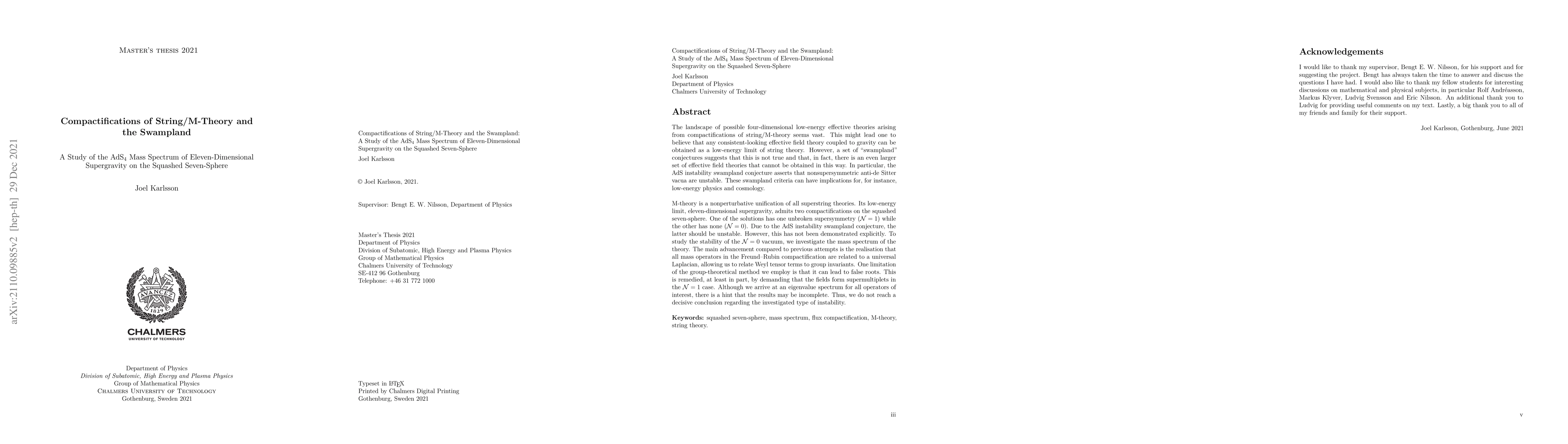 Thumbnail for Compactifications of String/M-Theory and the Swampland: A Study of the
  AdS$_\text{4}$ Mass Spectrum of Eleven-Dimensional Supergravity on the
  Squashed Seven-Sphere