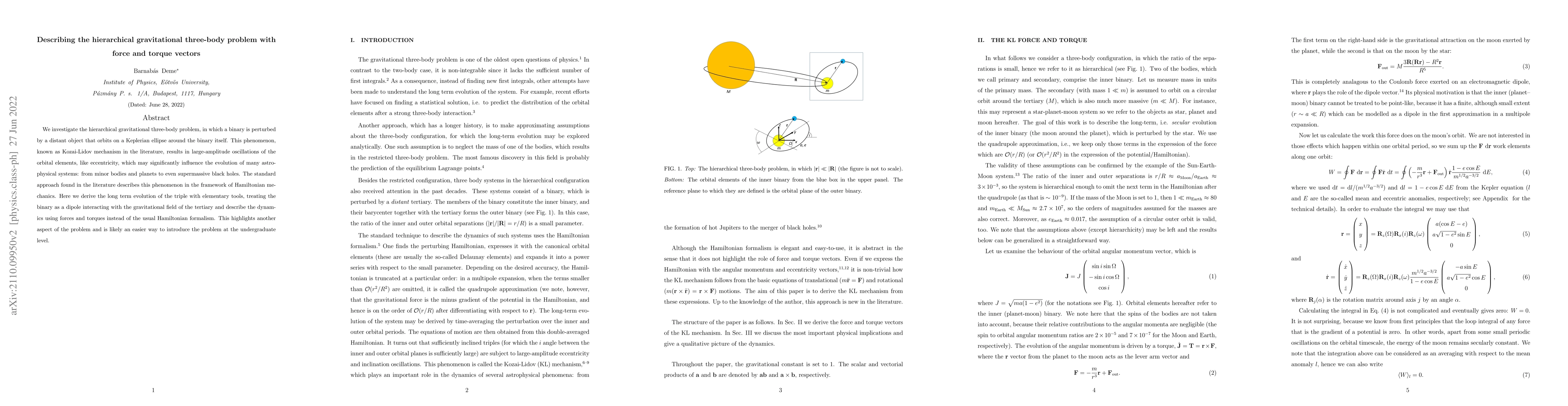 Thumbnail for Describing the hierarchical gravitational three-body problem with force
  and torque vectors