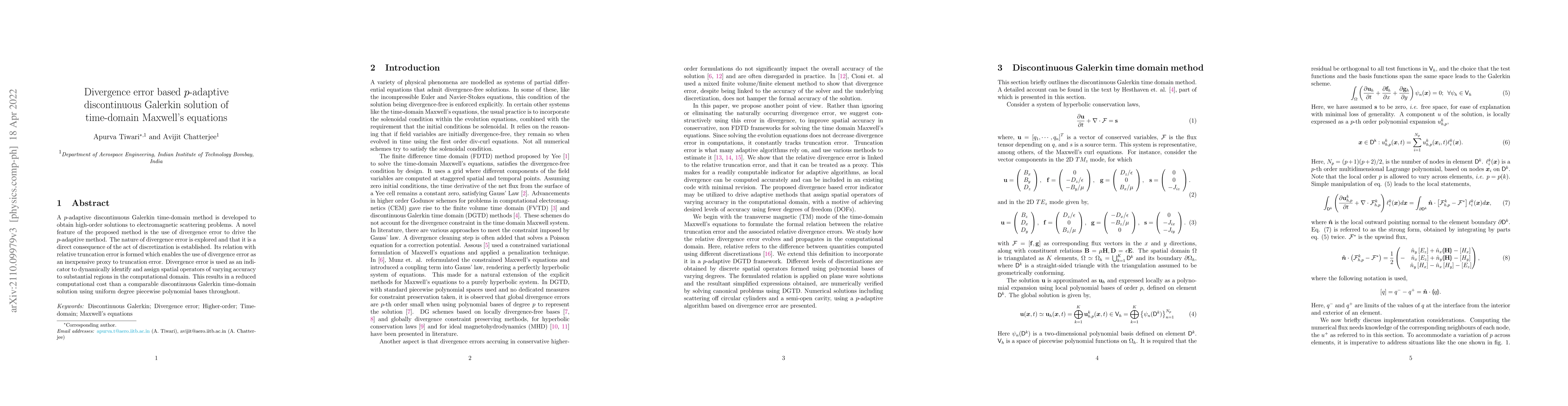 Thumbnail for Divergence error based $p$-adaptive discontinuous Galerkin solution of
  time-domain Maxwell's equations