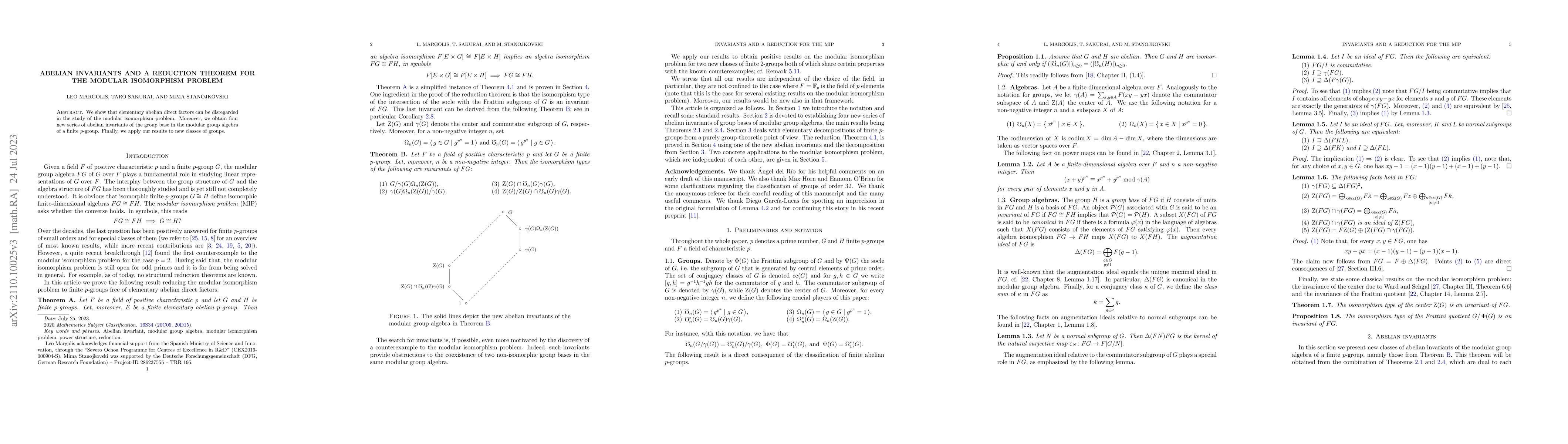 Thumbnail for Abelian invariants and a reduction theorem for the modular isomorphism
  problem