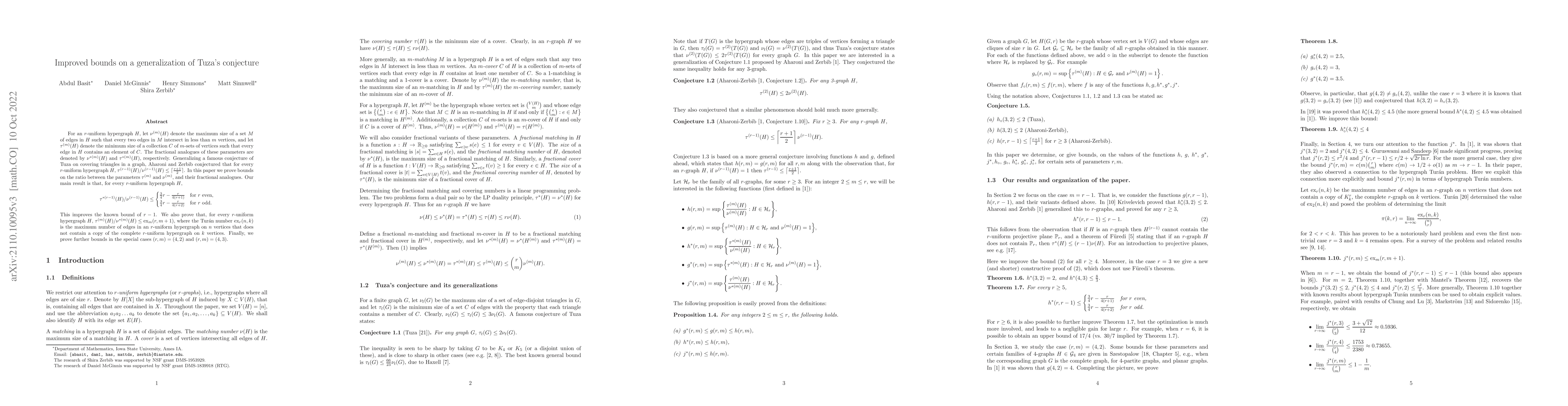 Thumbnail for Improved bounds on a generalization of Tuza's conjecture