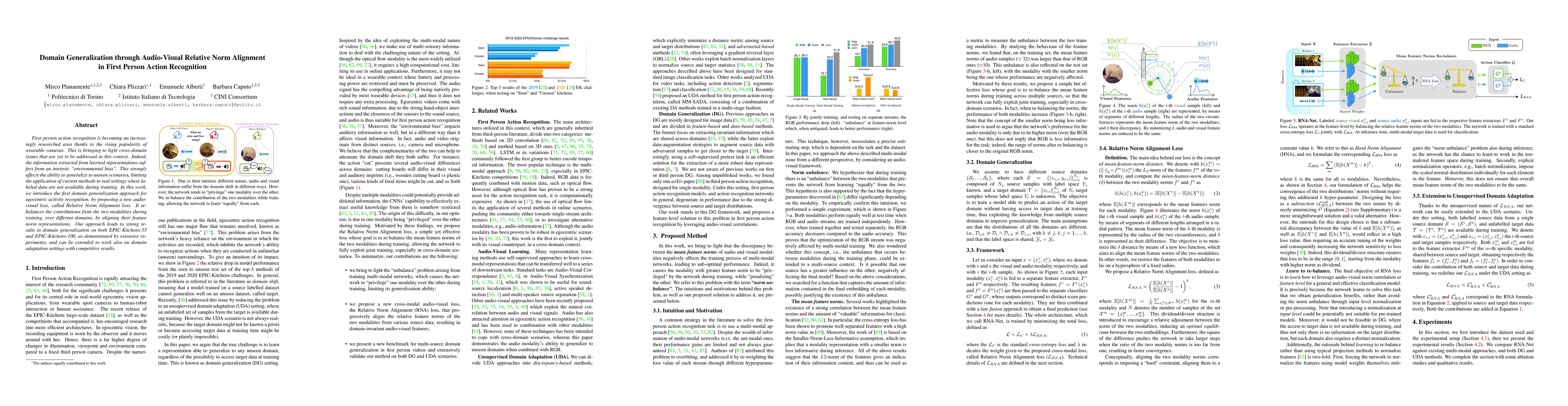 Thumbnail for Domain Generalization through Audio-Visual Relative Norm Alignment in
  First Person Action Recognition