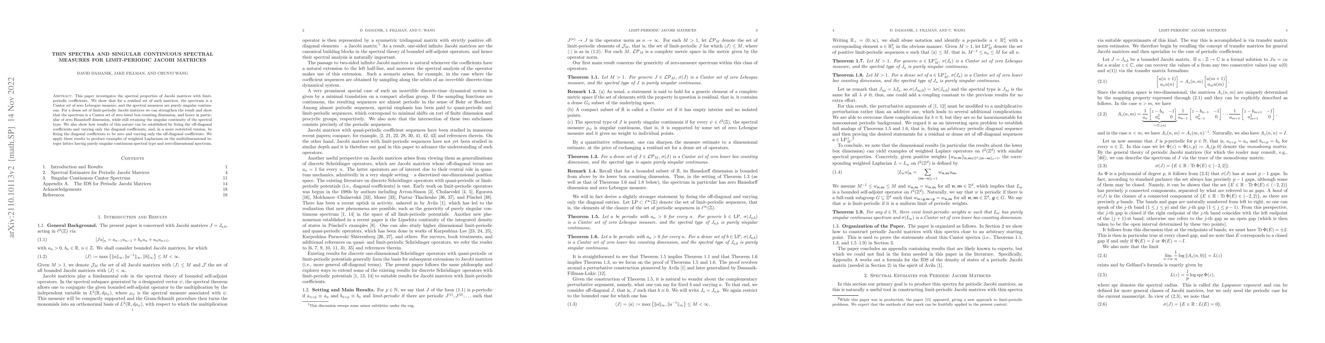 Thumbnail for Thin Spectra and Singular Continuous Spectral Measures for
  Limit-Periodic Jacobi Matrices