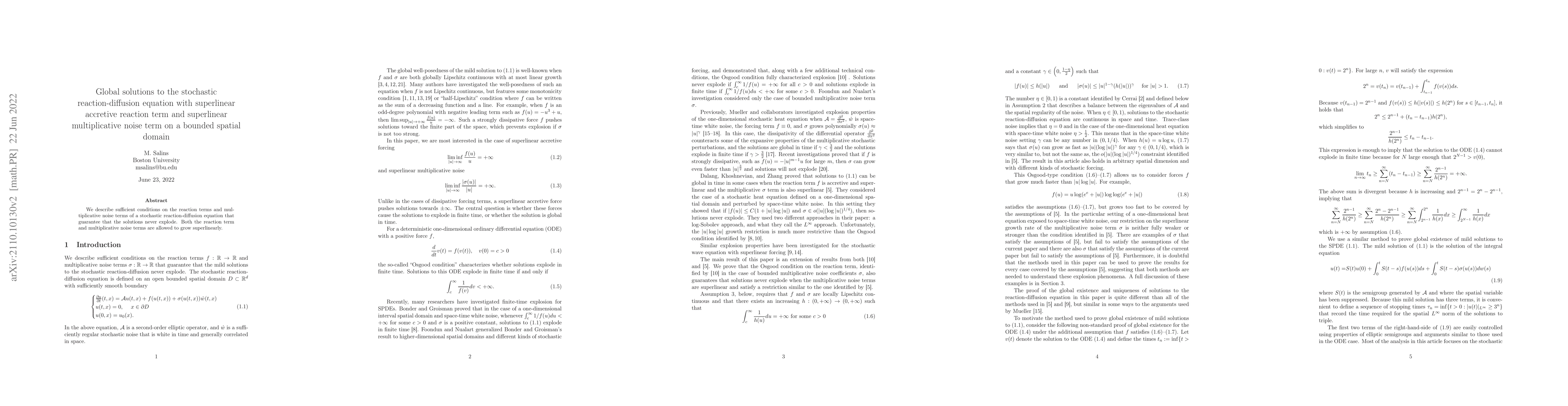 Thumbnail for Global solutions to the stochastic heat equation with superlinear
  accretive reaction term and superlinear multiplicative noise term on a
  bounded spatial domain