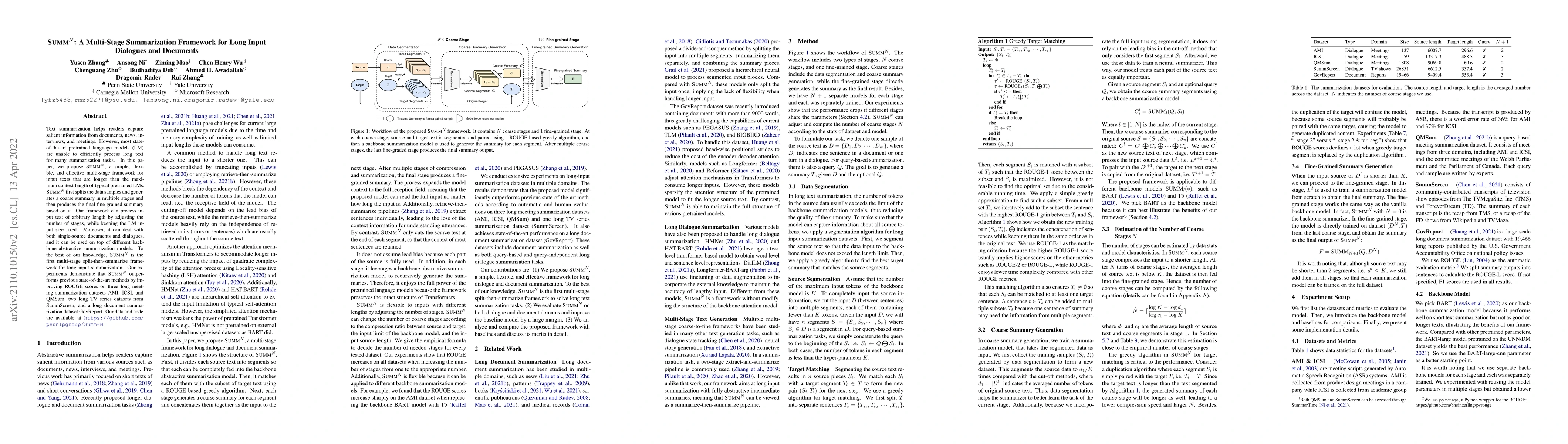 Thumbnail for Summ^N: A Multi-Stage Summarization Framework for Long Input Dialogues
  and Documents