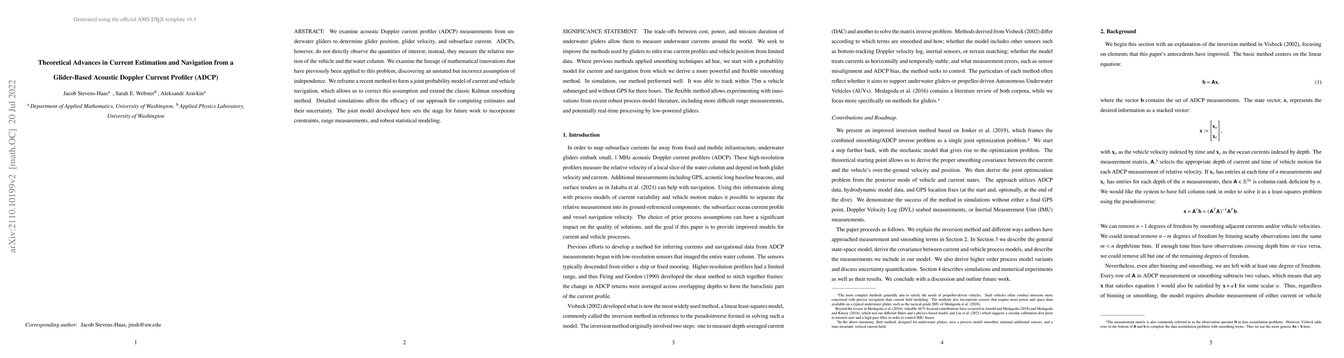 Thumbnail for Theoretical Advances in Current Estimation and Navigation from a
  Glider-Based Acoustic Doppler Current Profiler (ADCP)