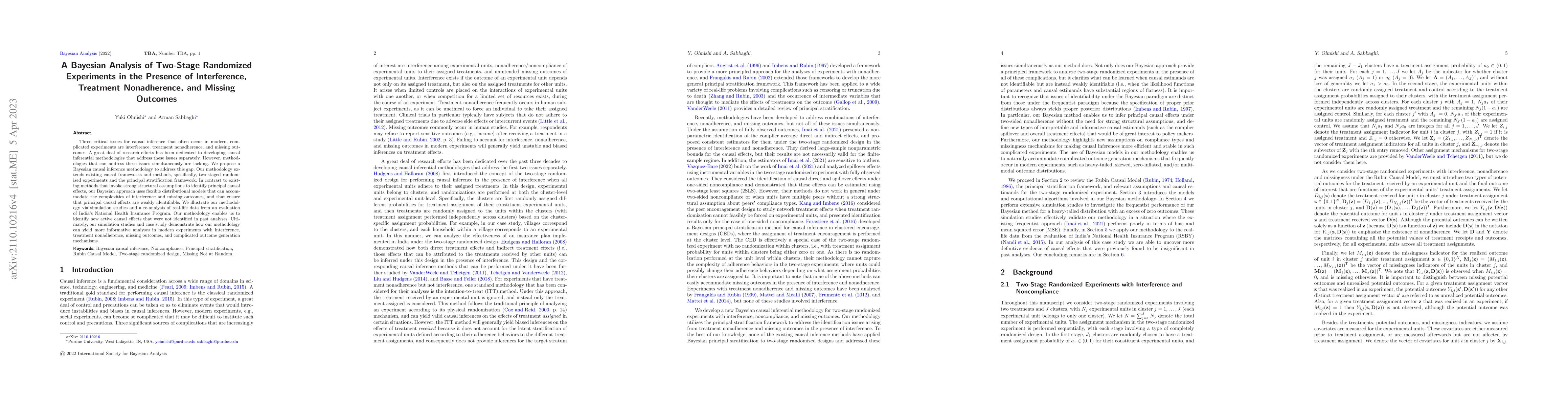 Thumbnail for A Bayesian Analysis of Two-Stage Randomized Experiments in the Presence
  of Interference, Treatment Nonadherence, and Missing Outcomes
