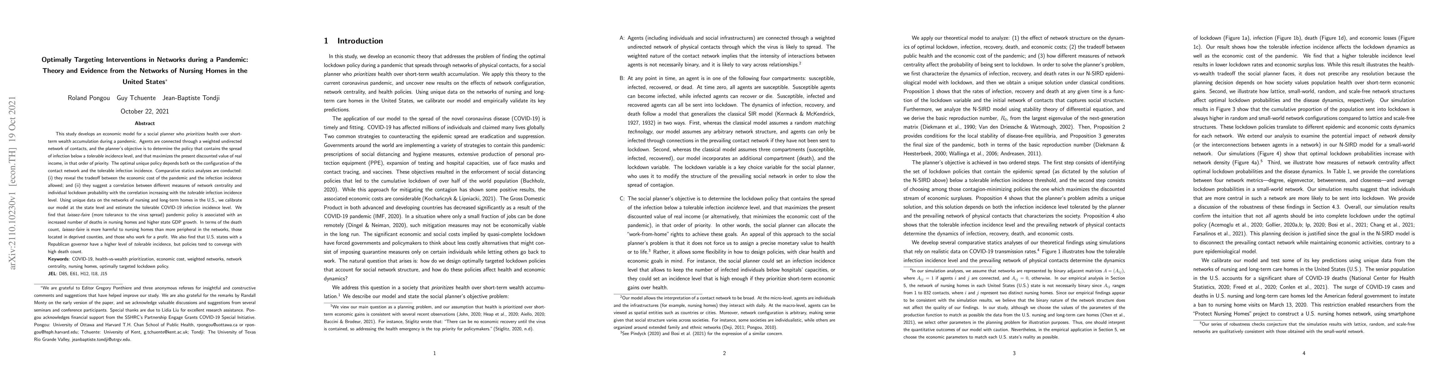 Thumbnail for Optimally Targeting Interventions in Networks during a Pandemic: Theory
  and Evidence from the Networks of Nursing Homes in the United States