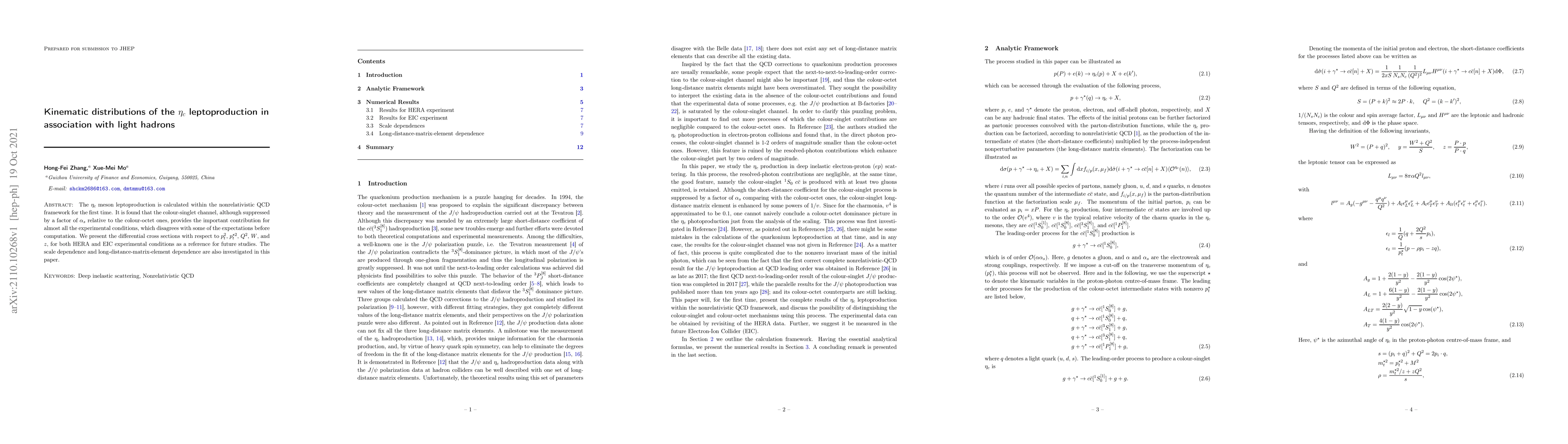 Thumbnail for Kinematic distributions of the $\eta_c$ leptoproduction in association
  with light hadrons