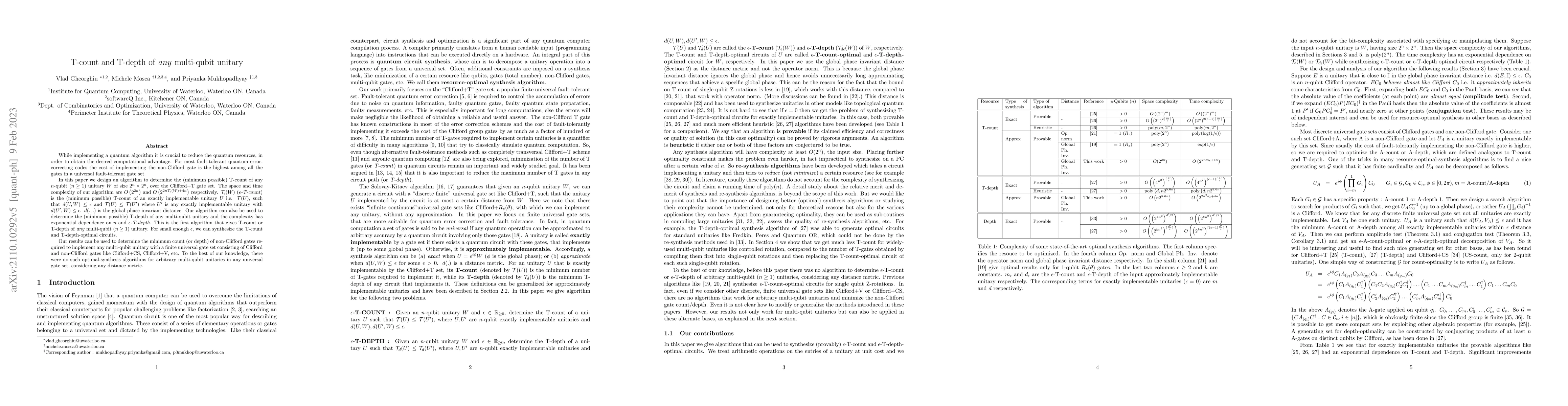 Thumbnail for T-count and T-depth of any multi-qubit unitary