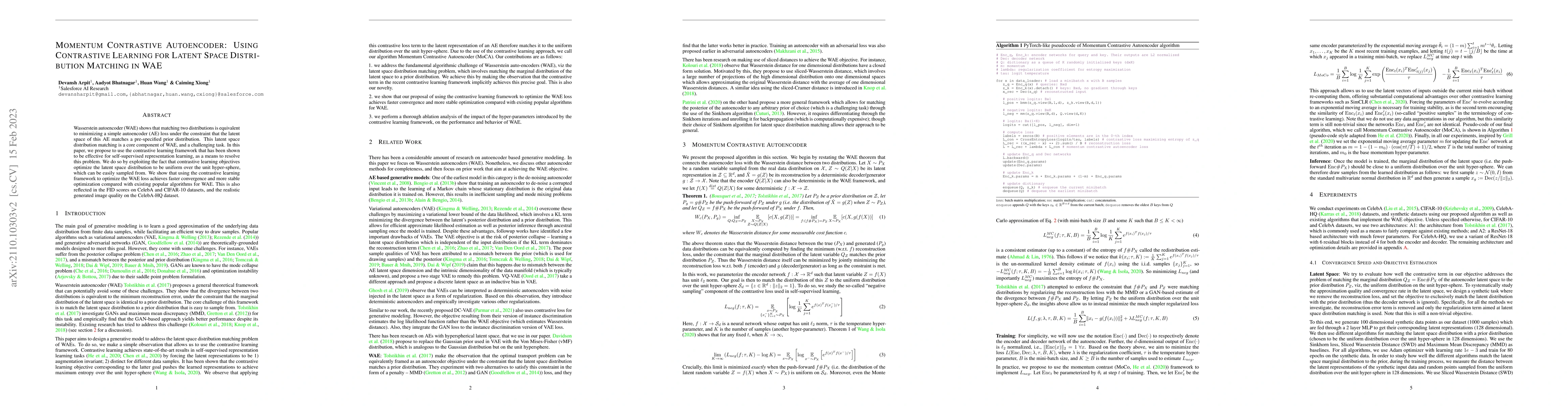 Thumbnail for Momentum Contrastive Autoencoder: Using Contrastive Learning for Latent
  Space Distribution Matching in WAE