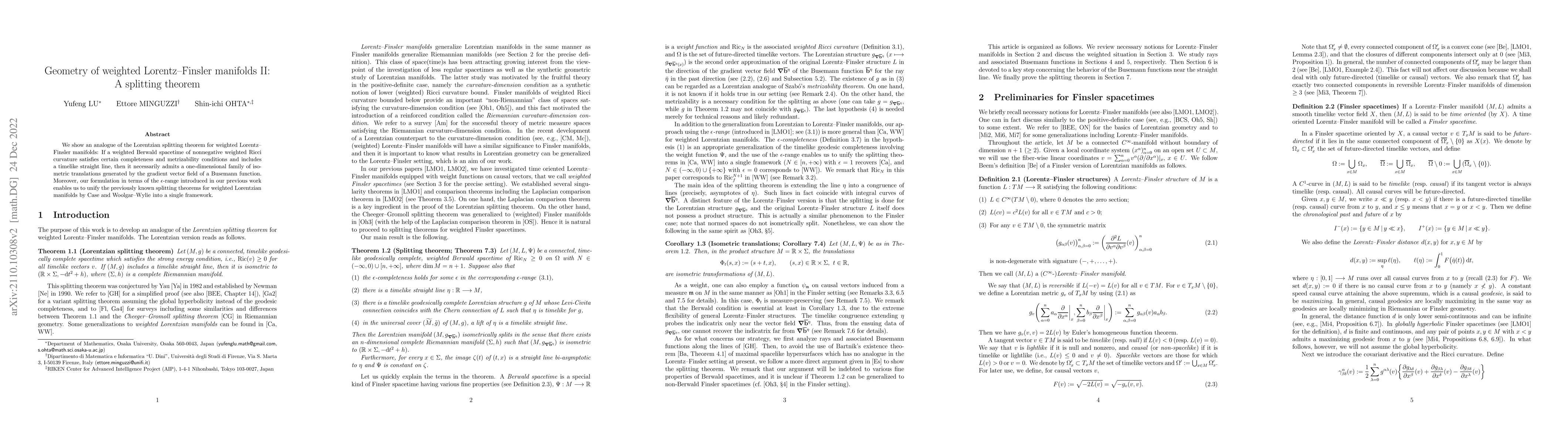 Thumbnail for Geometry of weighted Lorentz-Finsler manifolds II: A splitting theorem