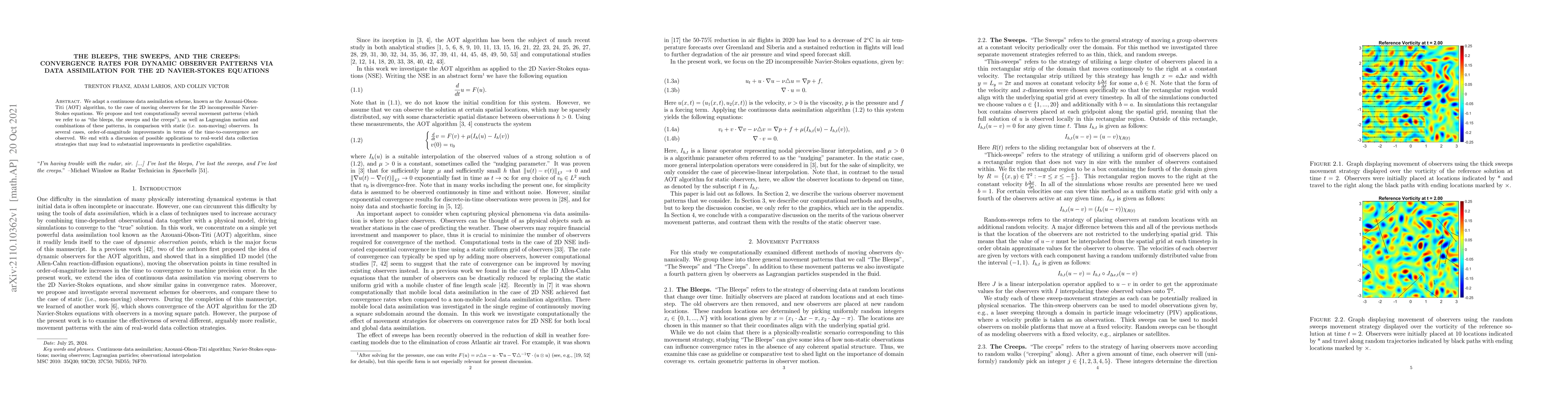 Thumbnail for The Bleeps, the Sweeps, and the Creeps: Convergence Rates for Dynamic
  Observer Patterns via Data Assimilation for the 2D Navier-Stokes Equations