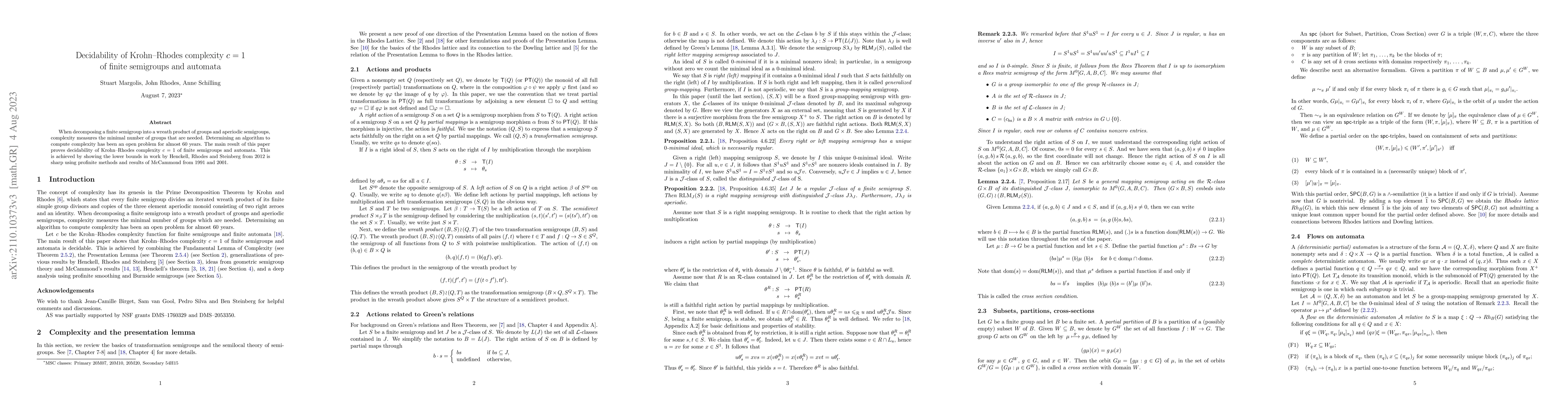 Thumbnail for Decidability of Krohn-Rhodes complexity $c = 1$ of finite semigroups and
  automata