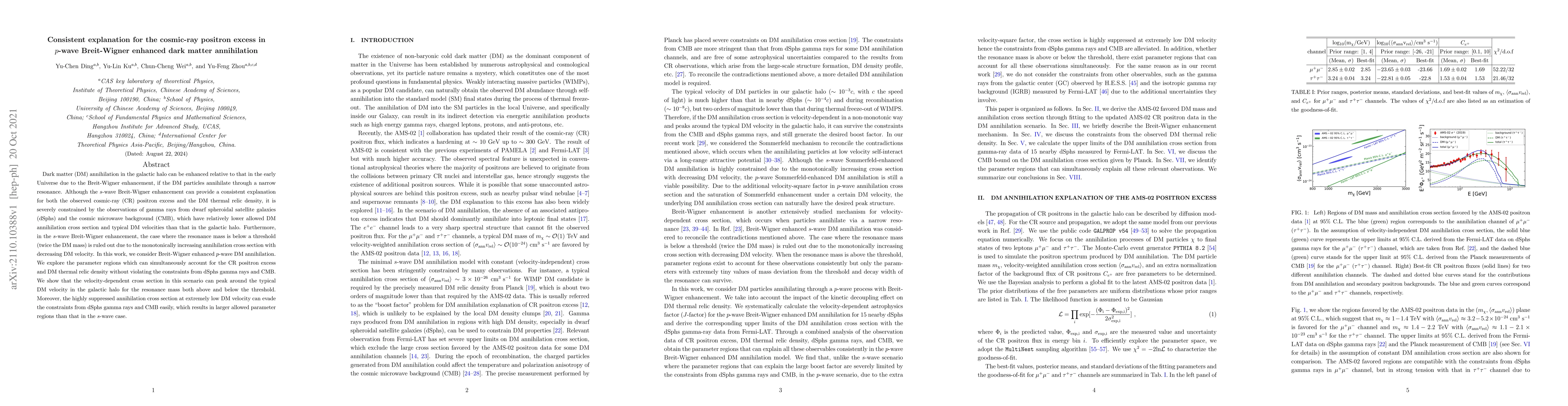 Thumbnail for Consistent explanation for the cosmic-ray positron excess in $p$-wave
  Breit-Wigner enhanced dark matter annihilation