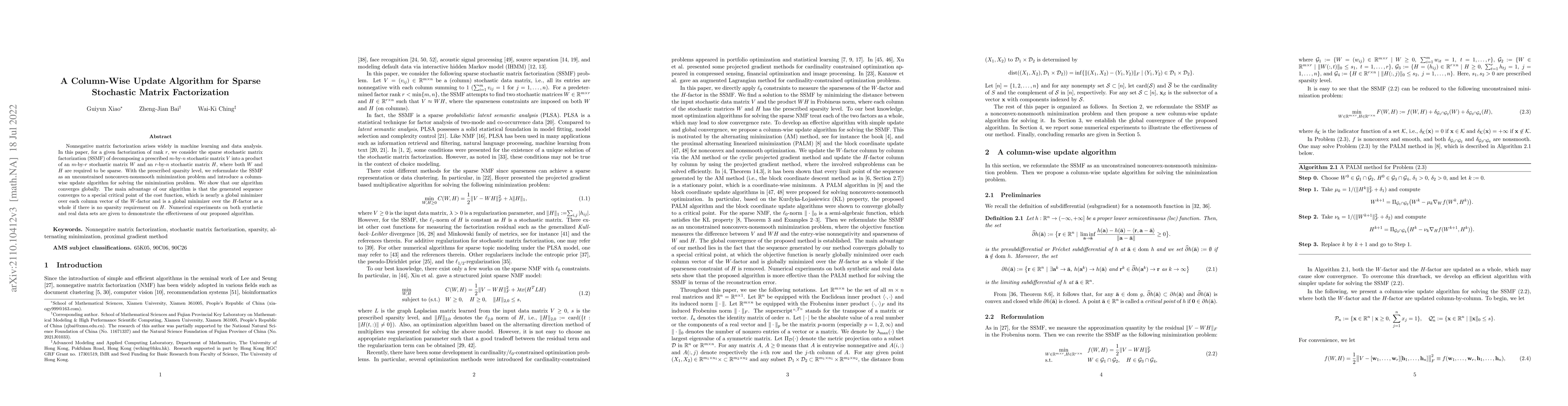 Thumbnail for A Column-Wise Update Algorithm for Sparse Stochastic Matrix
  Factorization