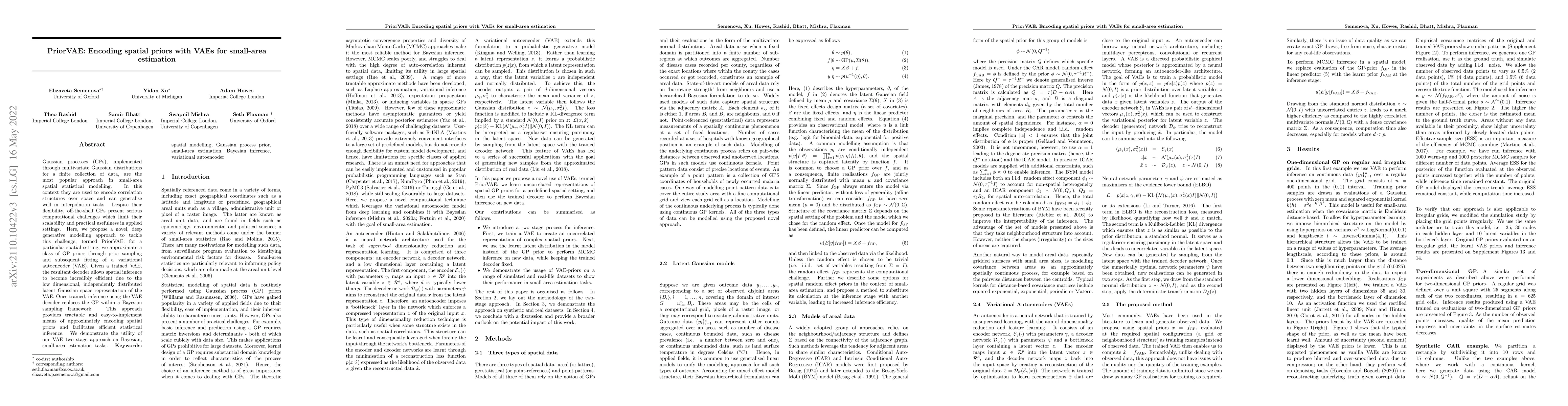Thumbnail for PriorVAE: Encoding spatial priors with VAEs for small-area estimation