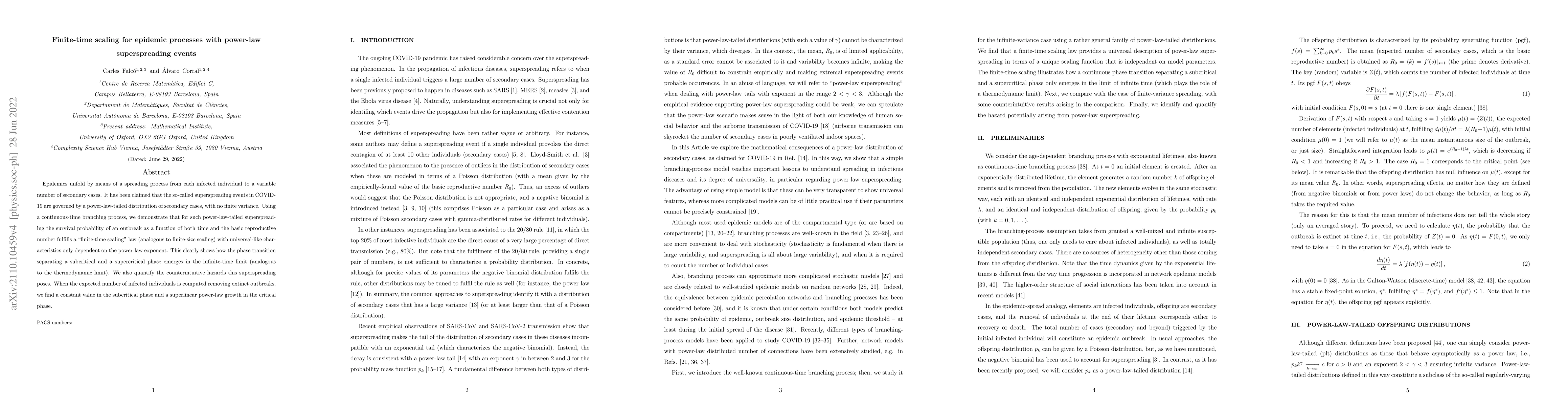 Thumbnail for Finite-time scaling for epidemic processes with power-law superspreading
  events