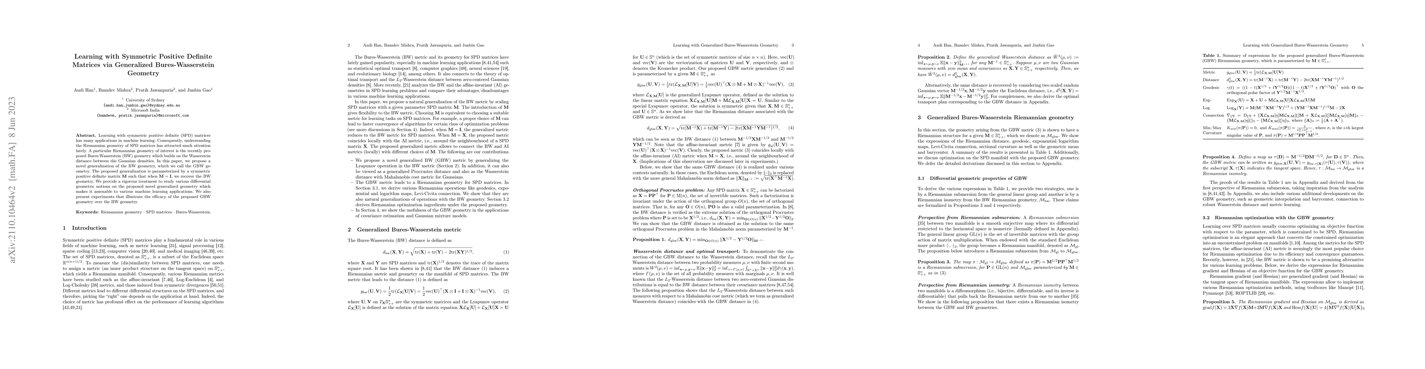 Thumbnail for Learning with symmetric positive definite matrices via generalized
  Bures-Wasserstein geometry