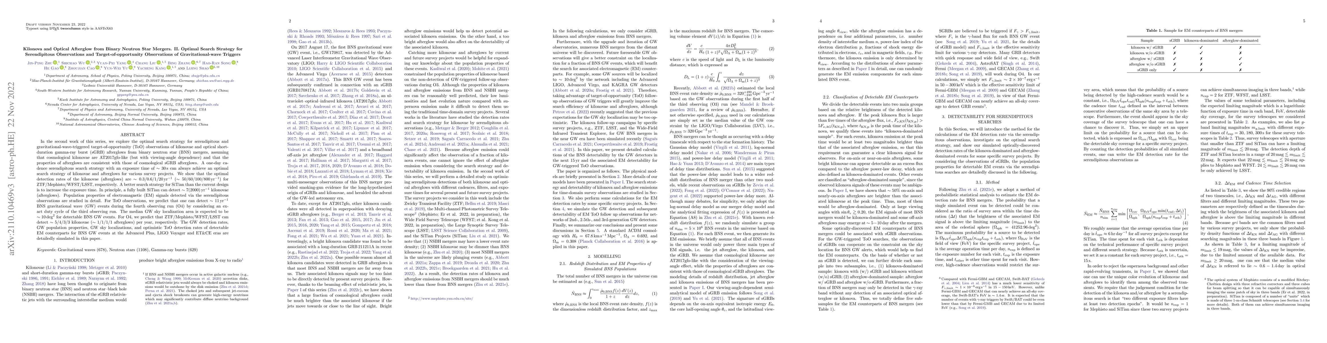 Thumbnail for Kilonova and Optical Afterglow from Binary Neutron Star Mergers. II.
  Optimal Search Strategy for Serendipitous Observations and
  Target-of-opportunity Observations of Gravitational-wave Triggers