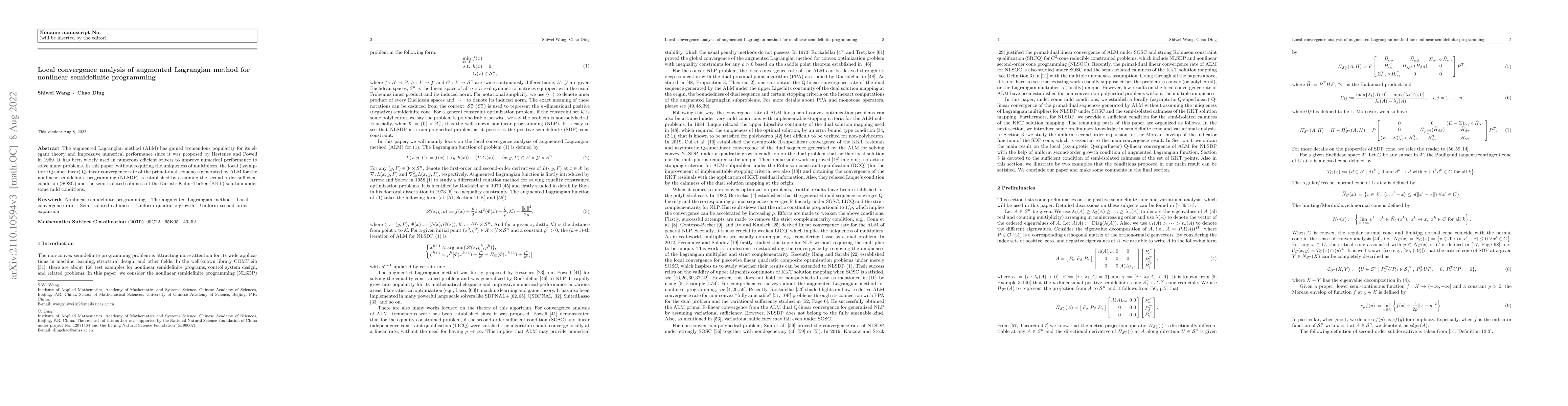 Thumbnail for Local convergence analysis of augmented Lagrangian method for nonlinear
  semidefinite programming