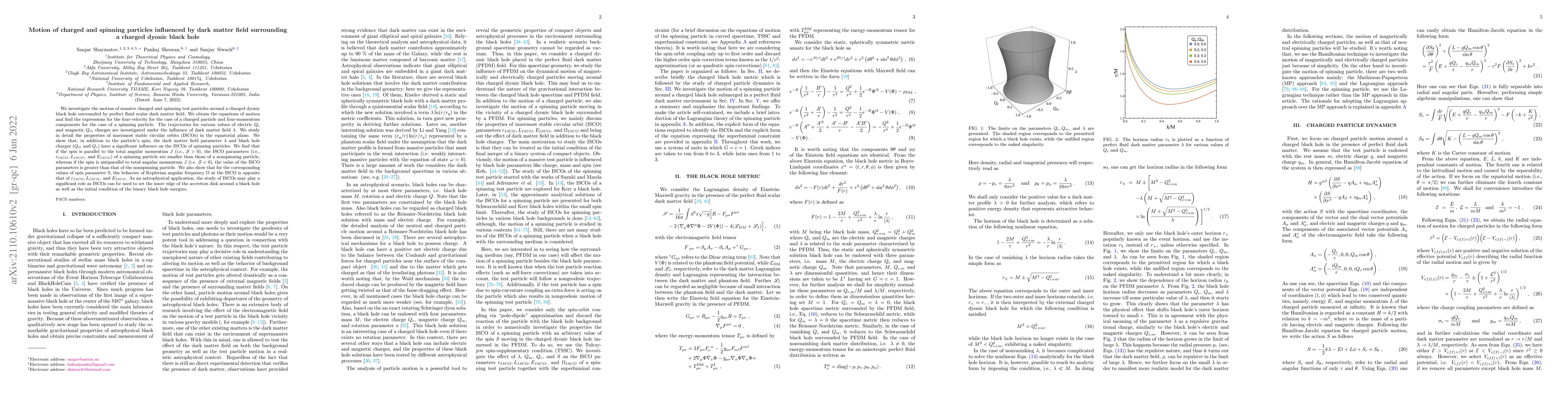 Thumbnail for Motion of charged and spinning particle influenced by dark matter field
  surrounding a charged dyonic black hole