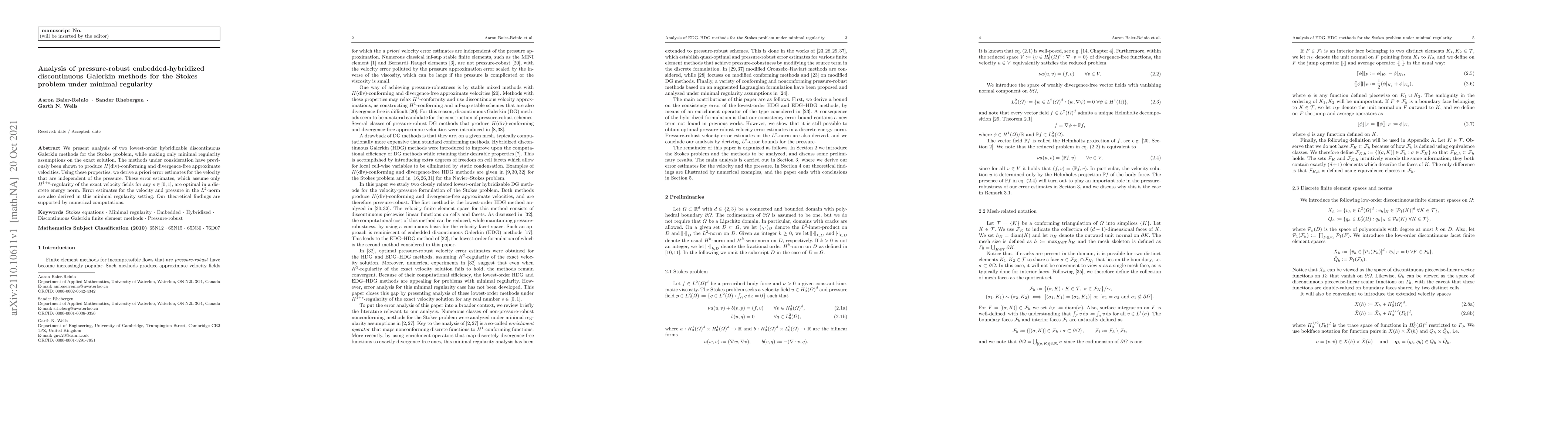 Thumbnail for Analysis of pressure-robust embedded-hybridized discontinuous Galerkin
  methods for the Stokes problem under minimal regularity