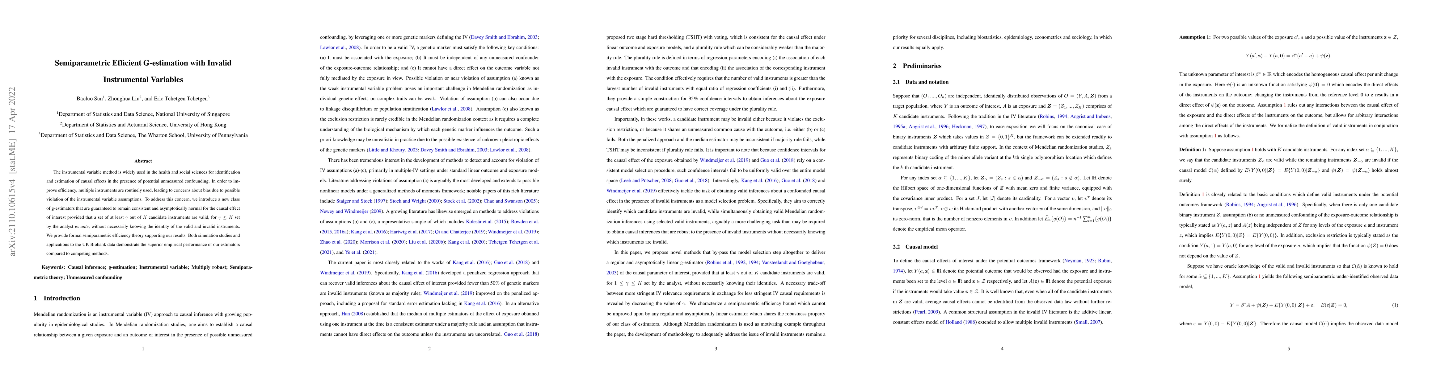 Thumbnail for Semiparametric Efficient G-estimation with Invalid Instrumental
  Variables