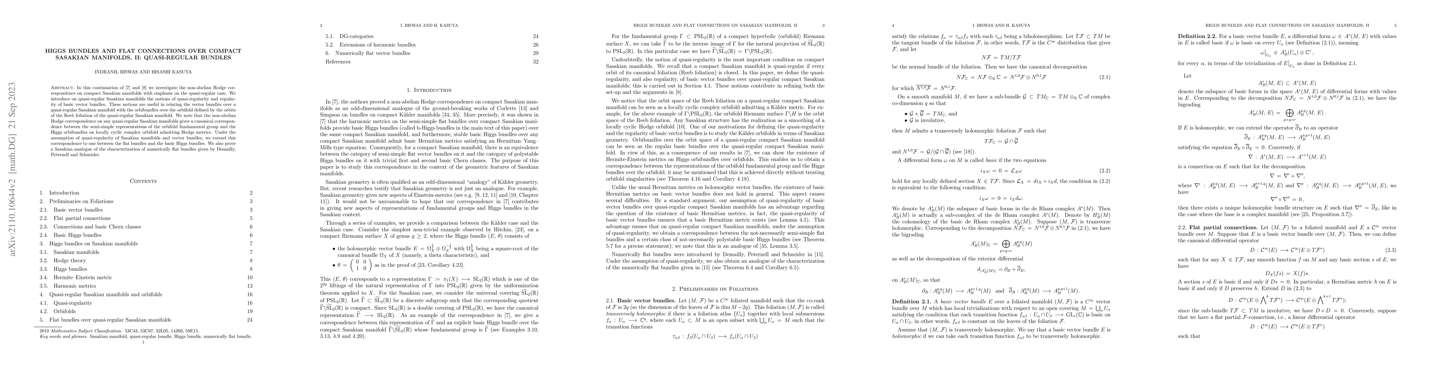 Thumbnail for Higgs bundles and flat connections over compact Sasakian manifolds, II:
  quasi-regular bundles