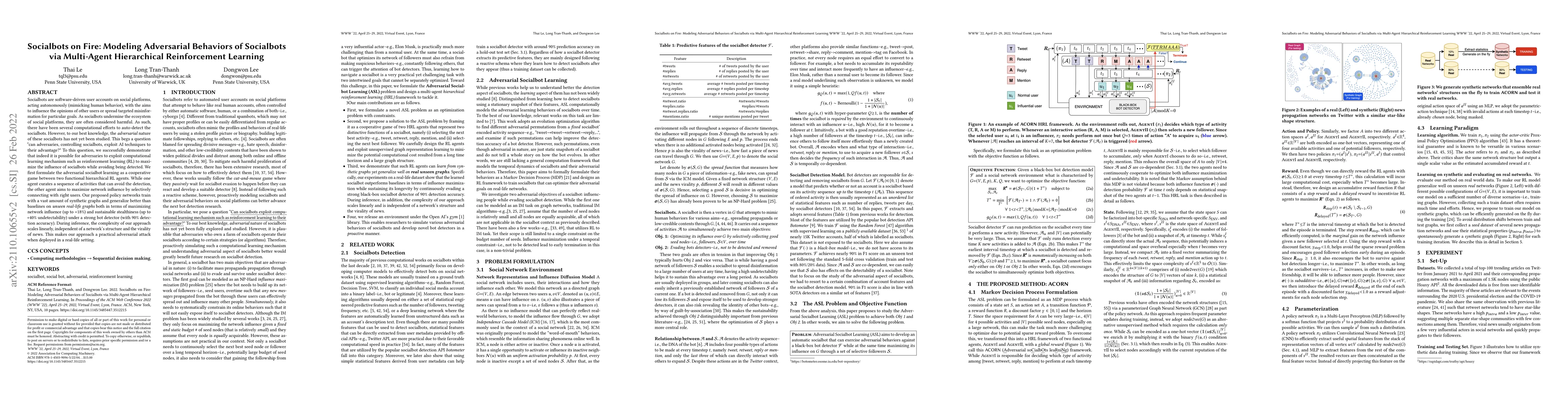 Thumbnail for Socialbots on Fire: Modeling Adversarial Behaviors of Socialbots via
  Multi-Agent Hierarchical Reinforcement Learning