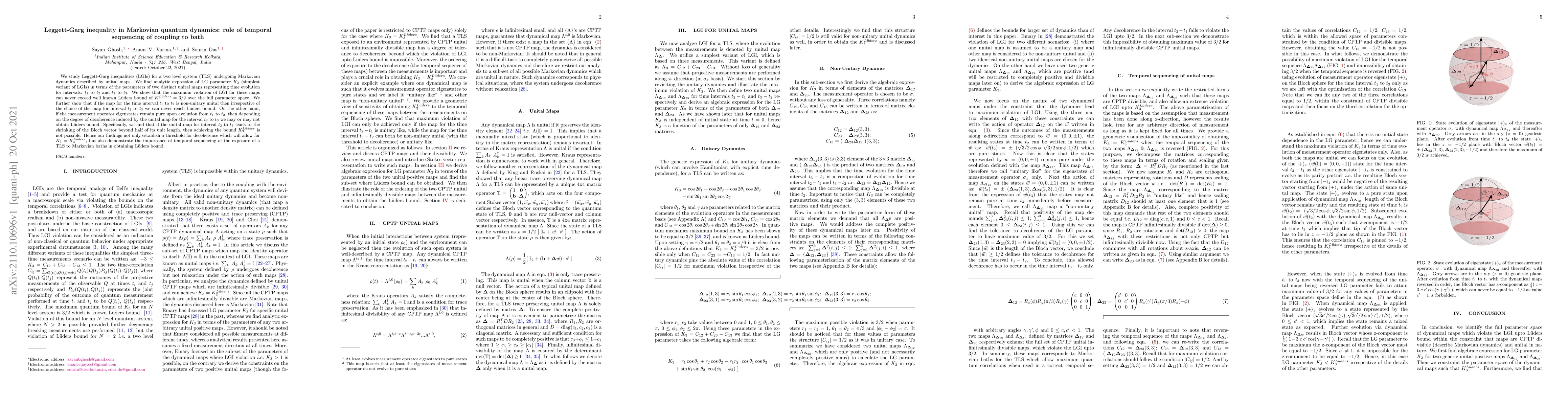 Thumbnail for Leggett-Garg inequality in Markovian quantum dynamics: role of temporal
  sequencing of coupling to bath