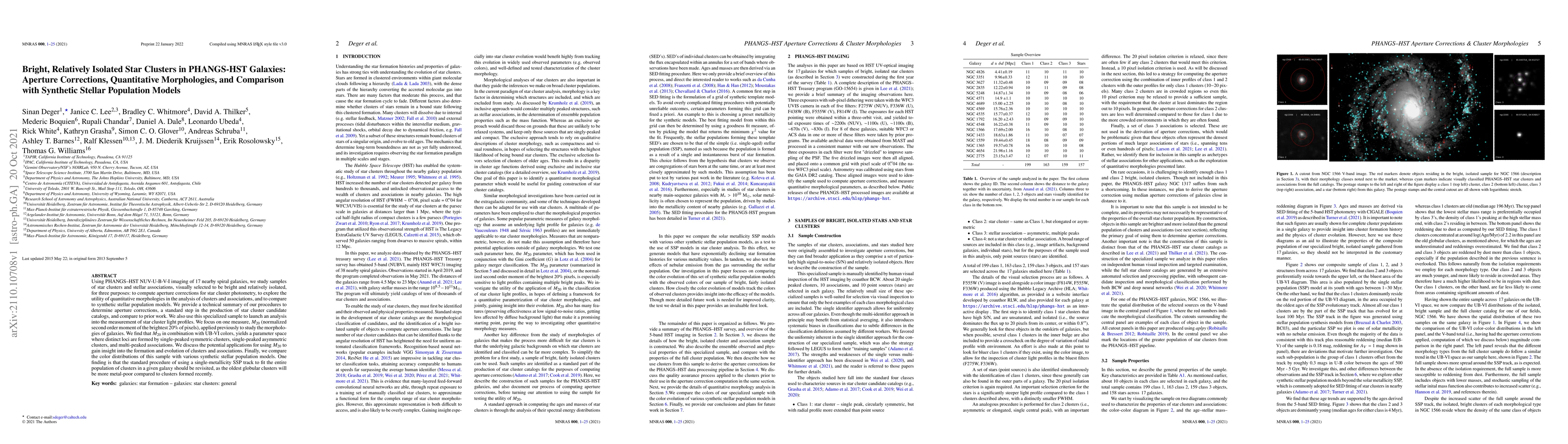 Thumbnail for Bright, Relatively Isolated Star Clusters in PHANGS-HST Galaxies:
  Aperture Corrections, Quantitative Morphologies, and Comparison with
  Synthetic Stellar Population Models