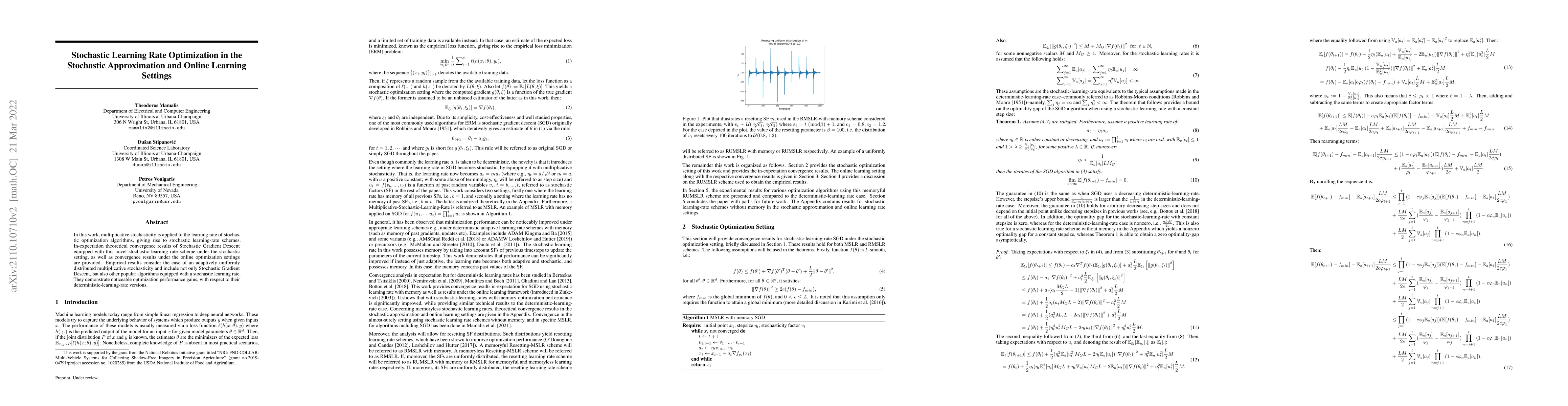 Thumbnail for Stochastic Learning Rate Optimization in the Stochastic Approximation
  and Online Learning Settings