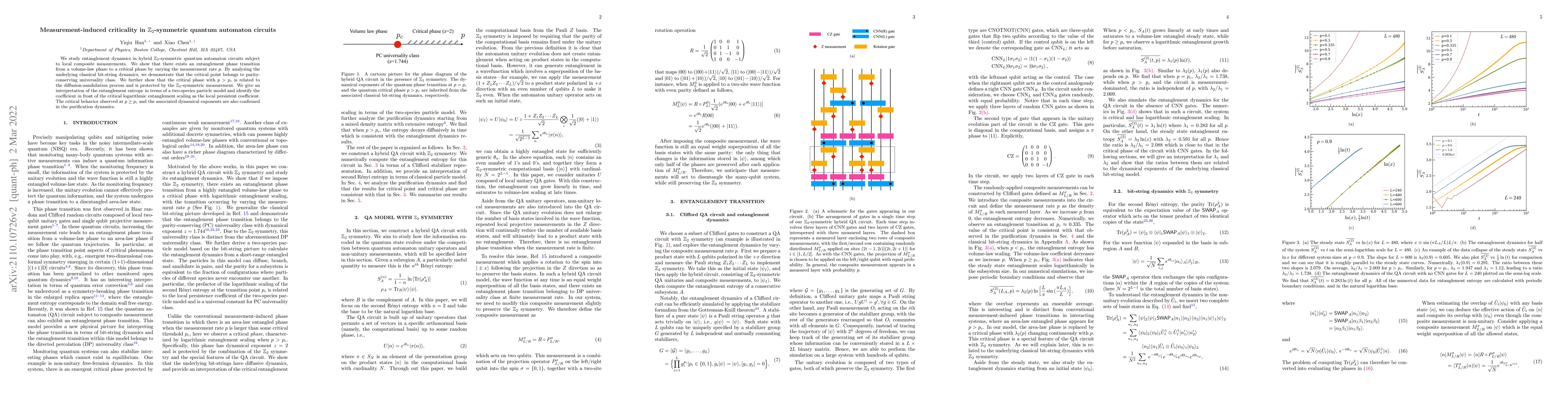 Thumbnail for Measurement-induced criticality in $\mathbb{Z}_2$-symmetric quantum
  automaton circuits